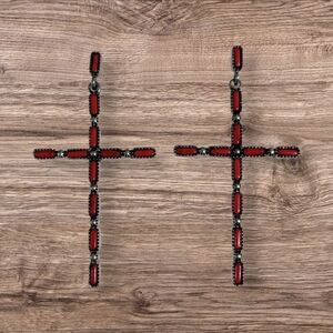Red Stone Cross Earrings New